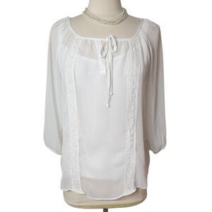 AB Studio Womens Peasant Blouse S White Sheer Lace Trim Layered Fairy Cottage